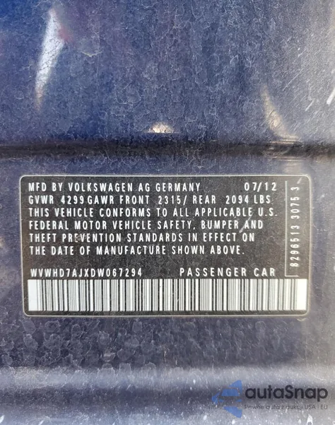 2013 Volkswagen Gti из США, поврежденный, VIN WVWHD7AJXDW067294